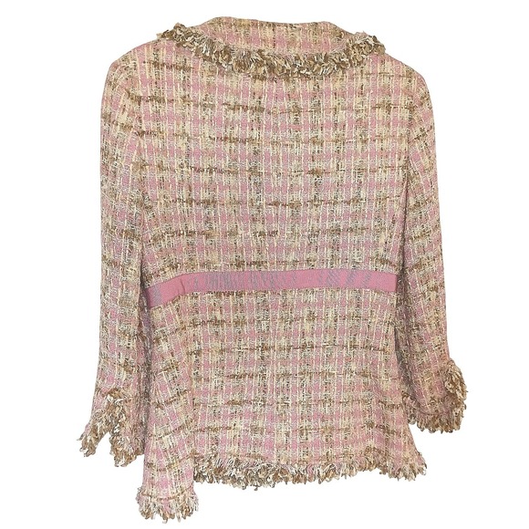 JÔN Pink Tweed Skirt Suit Set Size 10 Fringe Trim Bow Detail 3/4 Sleeve Blazer - Picture 4 of 16